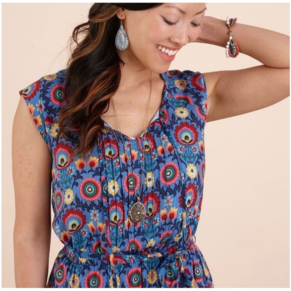 Matilda Jane Women Small Dress Blue Floral Sleeveless Gathered Waist Draw String